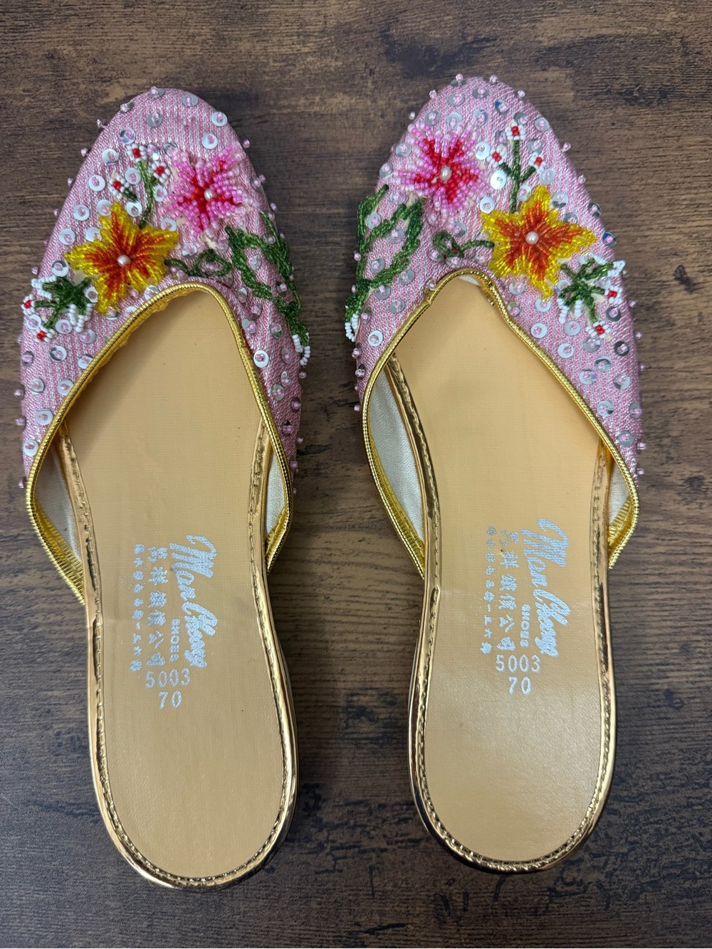 Beaded & Sequinned Pink Floral Slip-On Flats with Gold Trim- Size 7